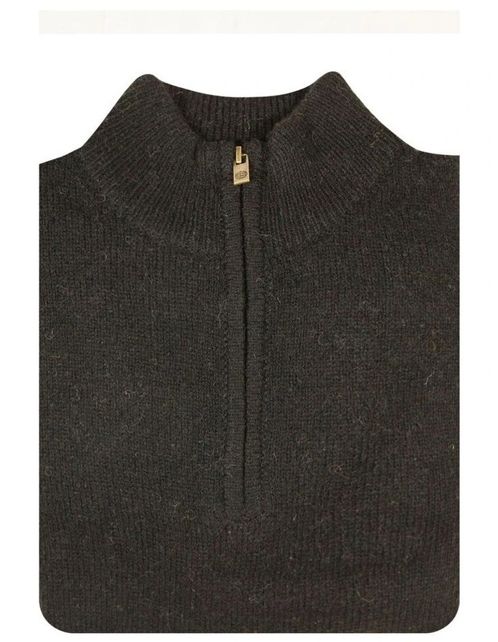 100% Shetland Ragg Wool Half Zip Up Knit Jumper in Plain Black image 2