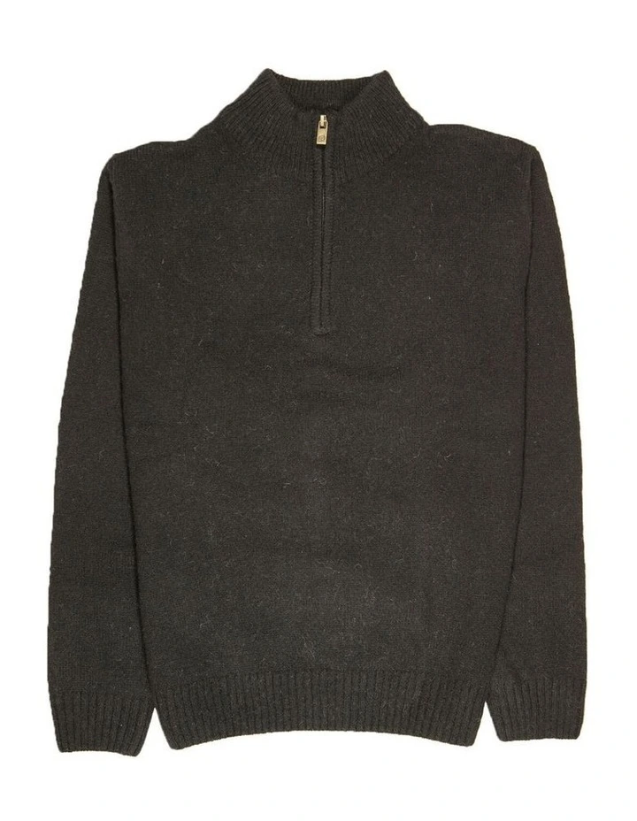 100% Shetland Ragg Wool Half Zip Up Knit Jumper in Plain Black image 3