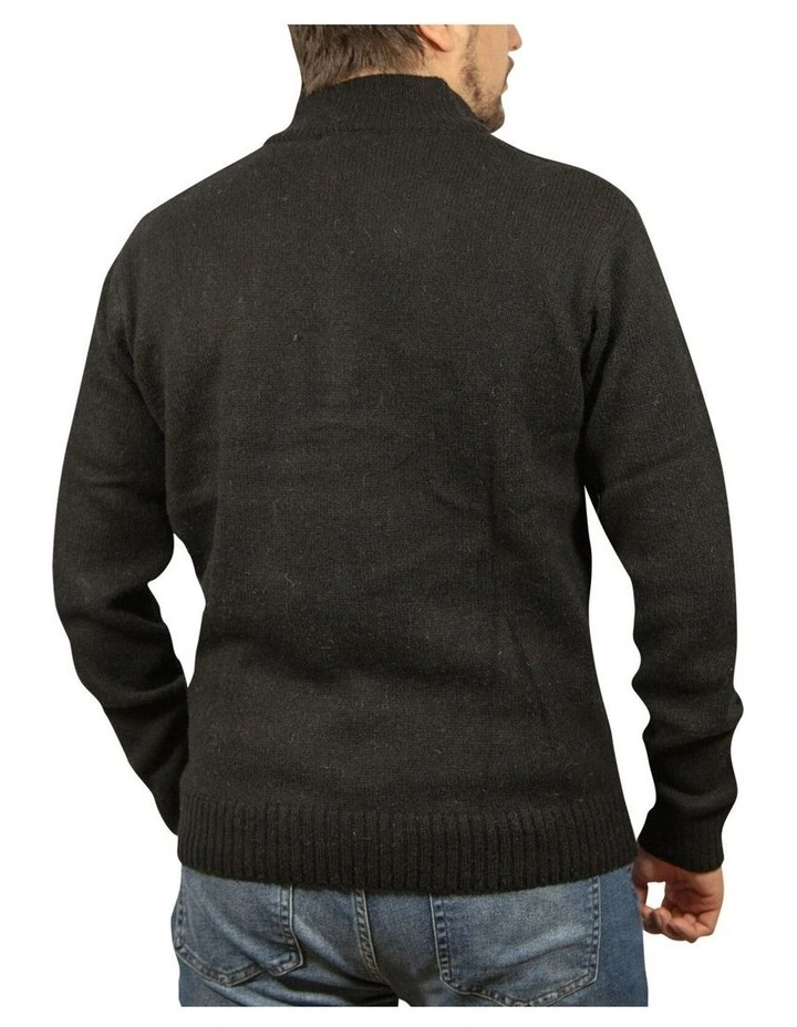 100% Shetland Ragg Wool Half Zip Up Knit Jumper in Plain Black image 5