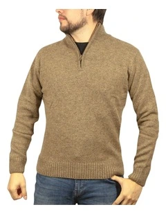 100% Shetland Ragg Wool Half Zip Up Knit Jumper in Nutmeg