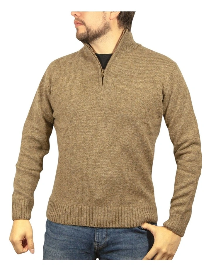 100% Shetland Ragg Wool Half Zip Up Knit Jumper in Nutmeg image 1
