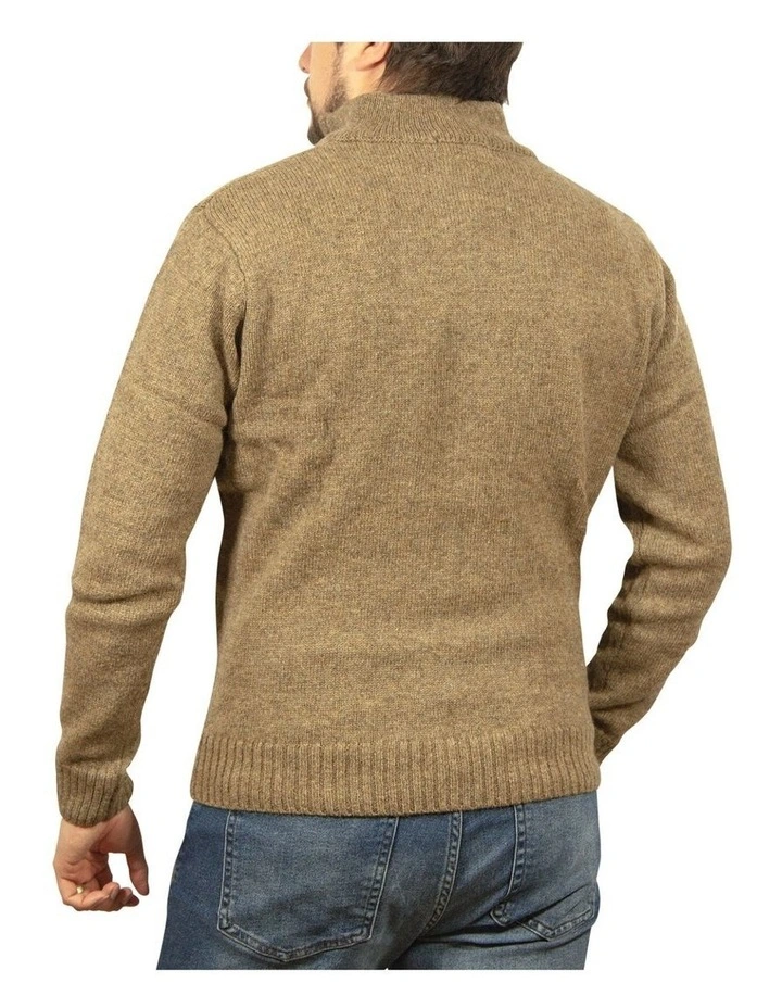 100% Shetland Ragg Wool Half Zip Up Knit Jumper in Nutmeg image 2