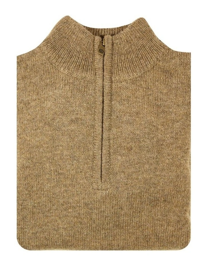 100% Shetland Ragg Wool Half Zip Up Knit Jumper in Nutmeg image 3