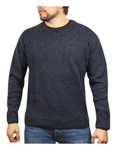 100% Shetland Ragg Wool V Neck Knit Jumper Pullover Mens Sweater Knitted in Navy