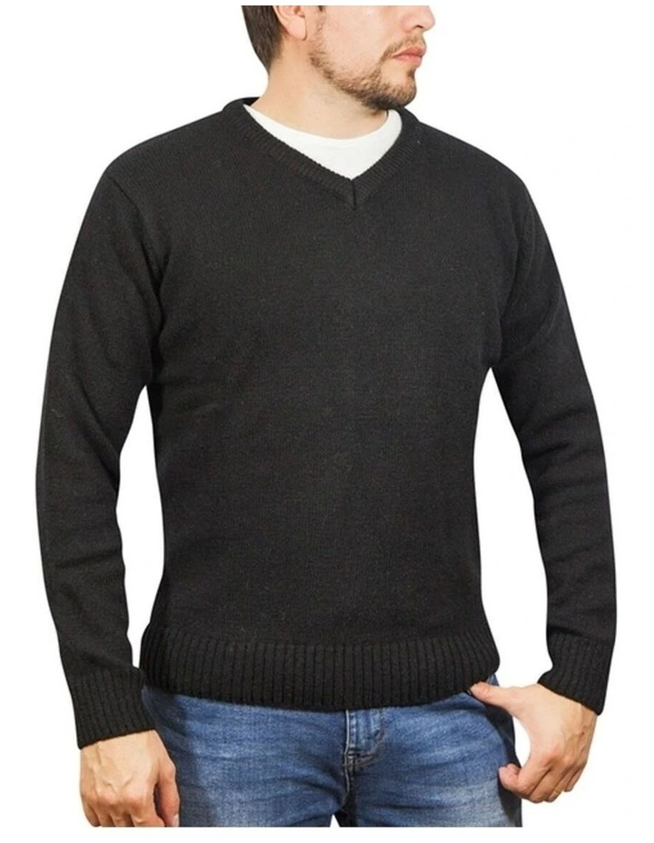 100% Shetland Ragg Wool V Neck Knit Jumper in Plain Black image 1