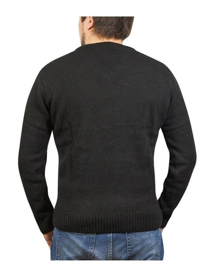 100% Shetland Ragg Wool V Neck Knit Jumper in Plain Black image 2