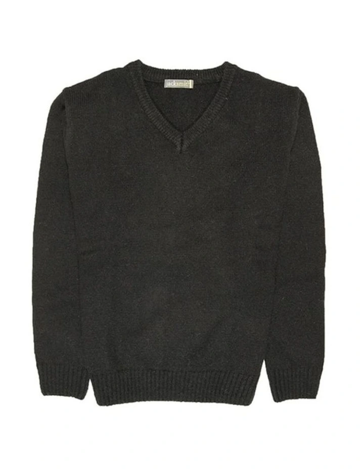 100% Shetland Ragg Wool V Neck Knit Jumper in Plain Black image 4