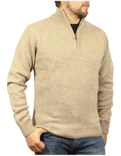 100% Shetland Ragg Wool Half Zip Up Knit Jumper in Oat Marle