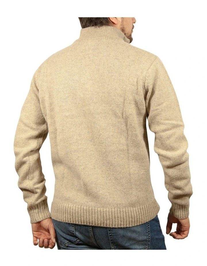 100% Shetland Ragg Wool Half Zip Up Knit Jumper in Oat Marle image 2