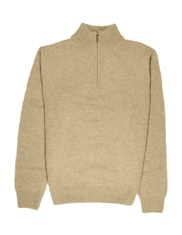 100% Shetland Ragg Wool Half Zip Up Knit Jumper in Oat Marle image 4