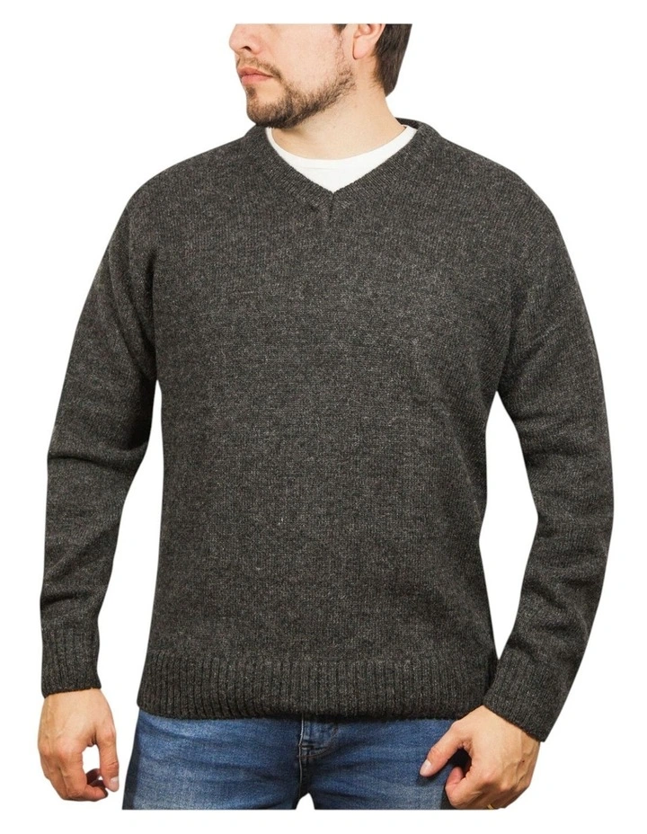 100% Shetland Ragg Wool V Neck Knit Jumper in Charcoal image 1