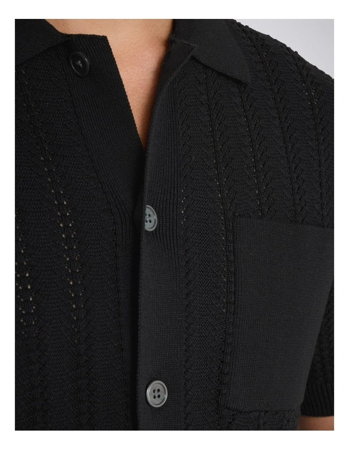 Black Chevron Pointelle Cotton-blend Knitted Shirt image 3