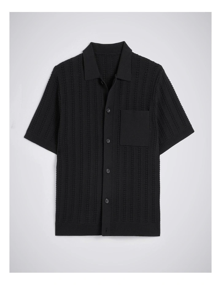 Black Chevron Pointelle Cotton-blend Knitted Shirt image 4
