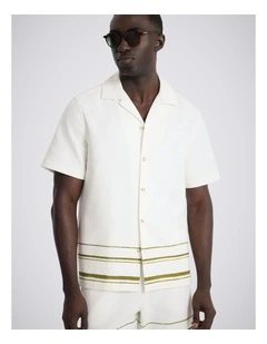 Olive Stripe Cotton Cuban Collar Shirt