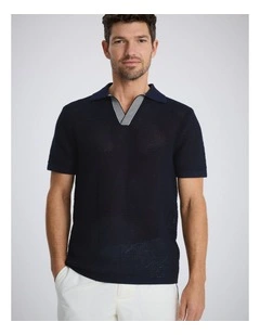 Short Sleeve Navy Open Knit Skipper Polo Shirt