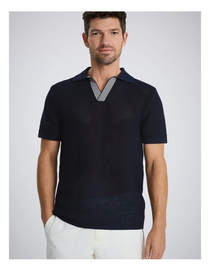 Short Sleeve Navy Open Knit Skipper Polo Shirt image 1