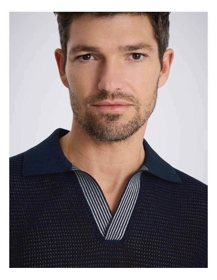 Short Sleeve Navy Open Knit Skipper Polo Shirt image 2