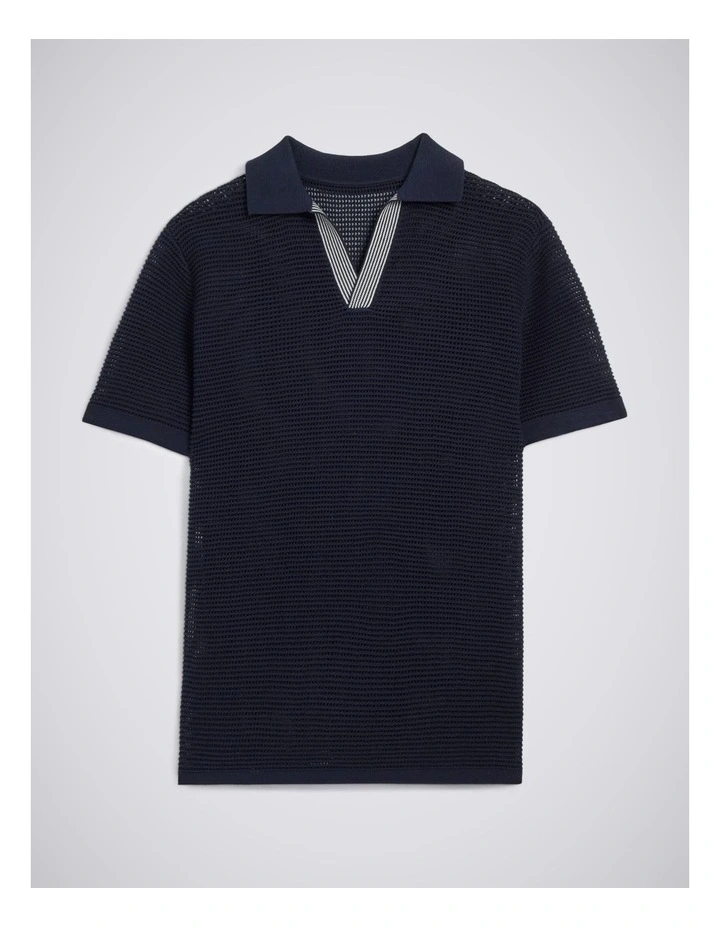 Short Sleeve Navy Open Knit Skipper Polo Shirt image 4