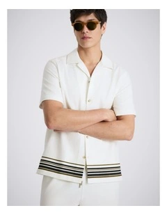 Navy & Khaki Stripe Cotton Cuban Collar Shirt