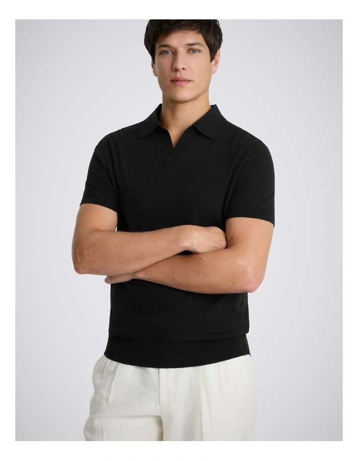 Black Linen-blend Skipper Polo Shirt image 1