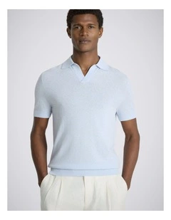 Light Blue Linen-blend Skipper Polo Shirt