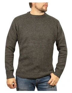 Mens 100% Shetland Ragg Wool Round Neck Knit Jumper Pullover Crew Sweater - Charcoal