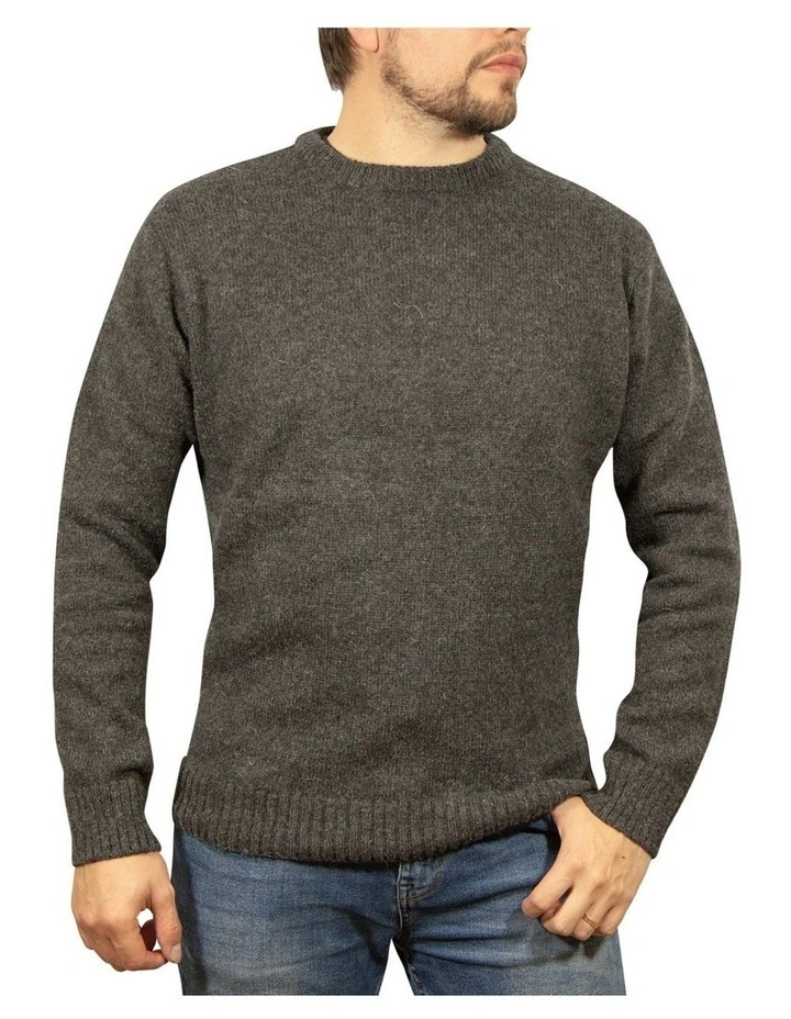 Mens 100% Shetland Ragg Wool Round Neck Knit Jumper Pullover Crew Sweater - Charcoal image 1