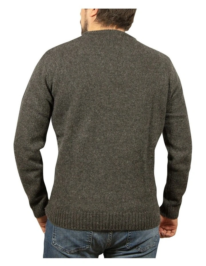 Mens 100% Shetland Ragg Wool Round Neck Knit Jumper Pullover Crew Sweater - Charcoal image 2