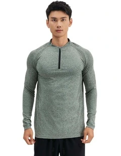 Decathlon - Men cardio half-zip long-sleeved T-shirt 900 in Khaki Green