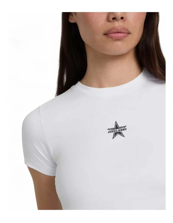 Guess Jeans Crew Neck Star Crop T-Shirt in White image 3