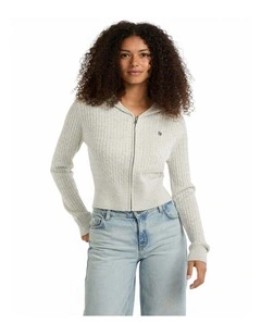 GUESS JEANS Cable-Knit Hooded Cardigan in Light Grey