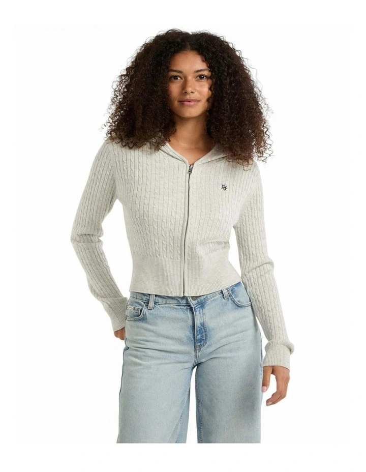 GUESS JEANS Cable-Knit Hooded Cardigan in Light Grey image 1