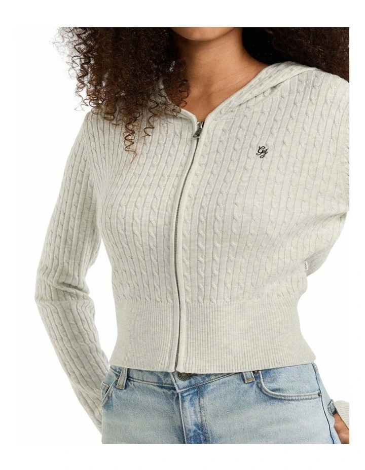 GUESS JEANS Cable-Knit Hooded Cardigan in Light Grey image 3