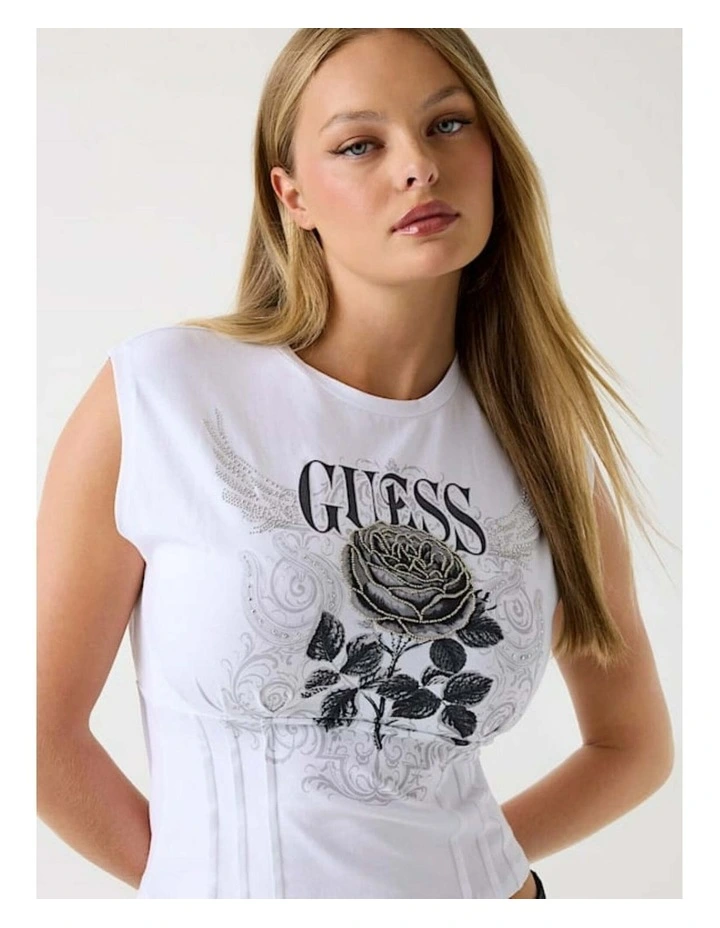 Rocker Rose Smocked T-shirt in White image 3