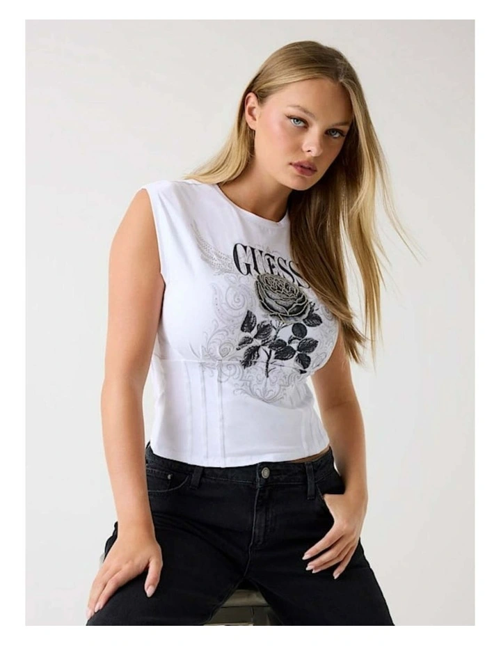 Rocker Rose Smocked T-shirt in White image 6