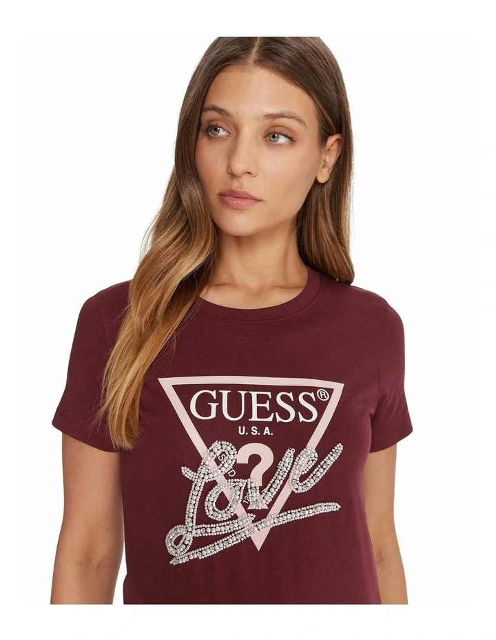 Love Triangle Pearls Short Sleeve T-Shirt in Red image 3