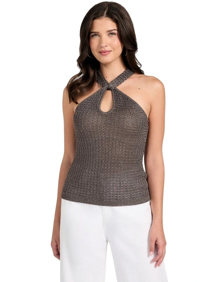 Halter Keyhole Ella Tank Top in Metallic Grey image 1