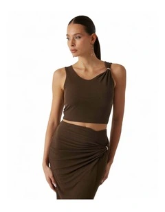 Aimee Short Sleeve Jewel Draped Top in Brown