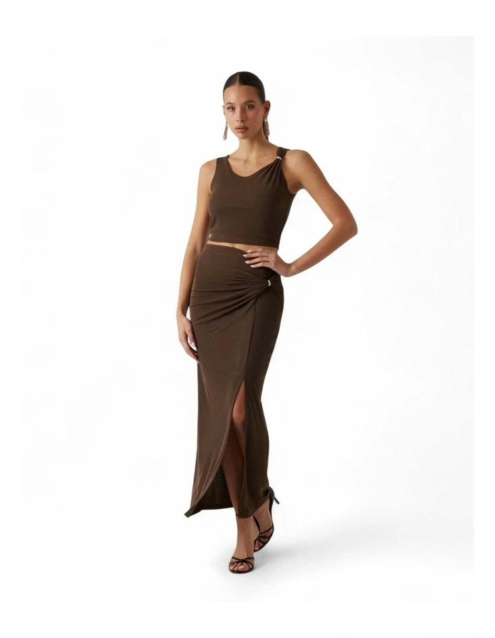 Aimee Short Sleeve Jewel Draped Top in Brown image 2