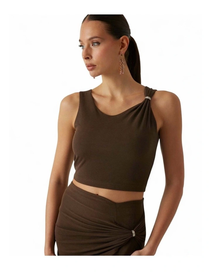 Aimee Short Sleeve Jewel Draped Top in Brown image 3