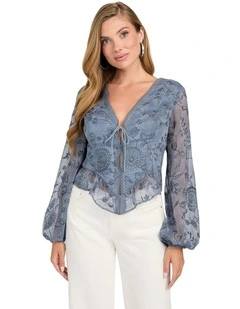 Seiah Tie Front Long Sleeve Top in Grey