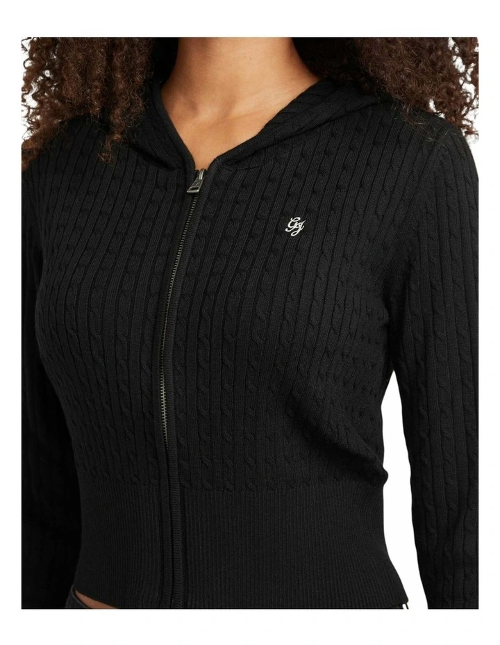 Cable-Knit Hooded Cardigan in Black image 3