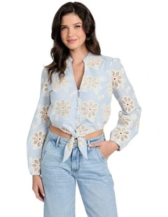 Hazel Tie Front Top in Floral Blue