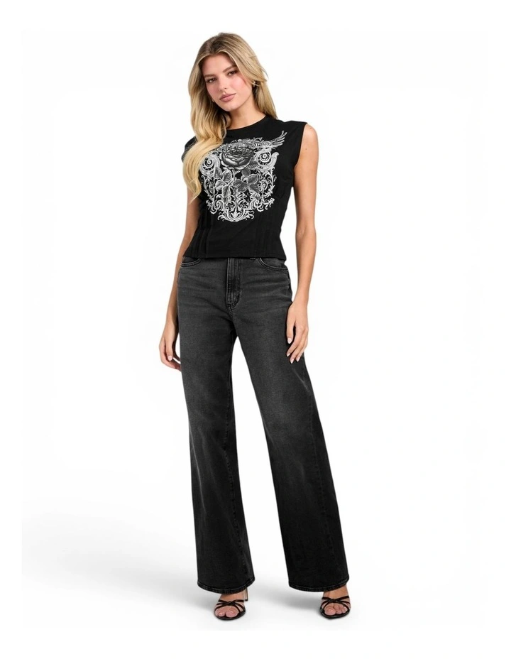 Eco Rocker Rose Smocked T-shirt in Black image 2
