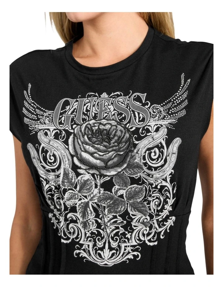 Eco Rocker Rose Smocked T-shirt in Black image 4