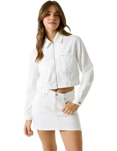 Guess Jeans Cropped Zipped Trucker Jacket in White