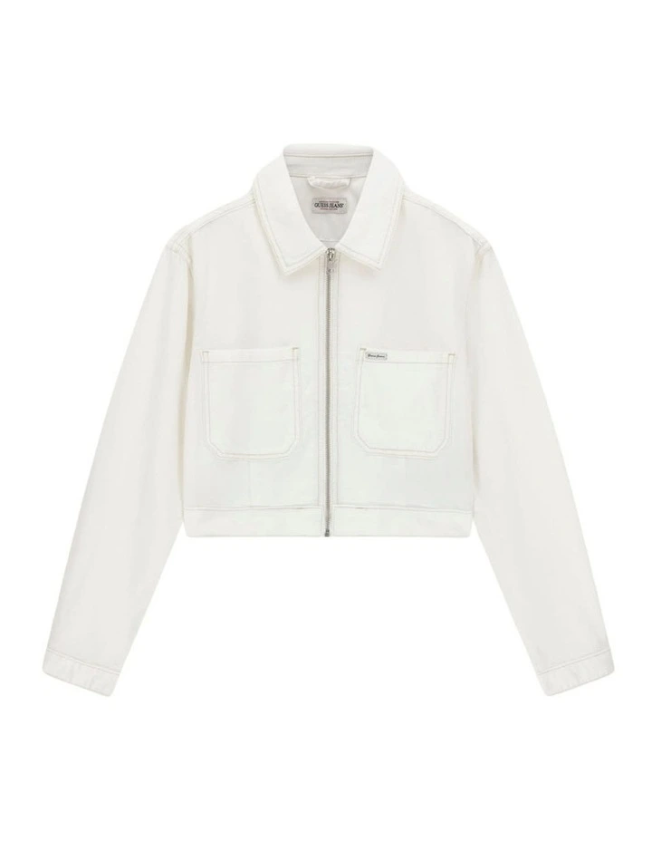 Guess Jeans Cropped Zipped Trucker Jacket in White image 5