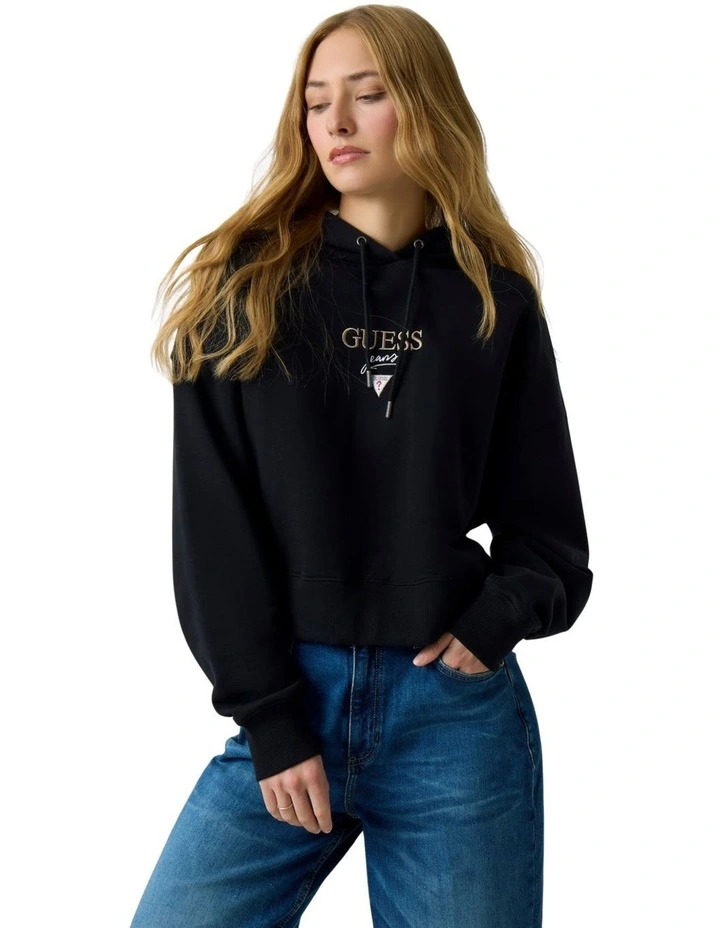 Guess Jeans Drop Shoulder Baker Cropped Hoodie in Black image 1