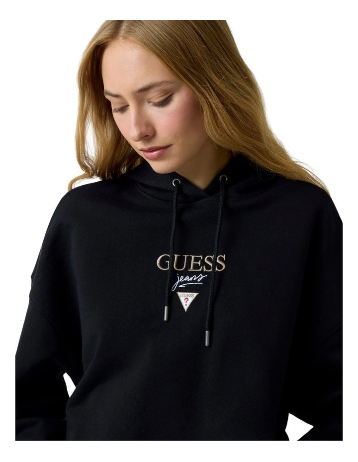 Guess Jeans Drop Shoulder Baker Cropped Hoodie in Black image 4