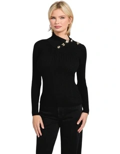 T-Neck Priscilla Cable Rib Sweater in Black